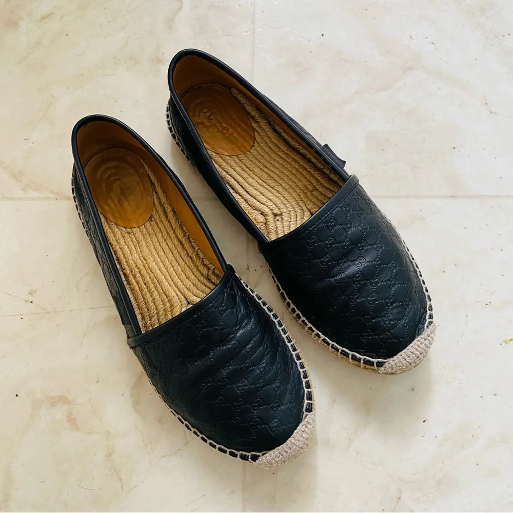 Gucci Micro Guccissima GG Monogram Black Leather Espadrilles Flats Size 8/38